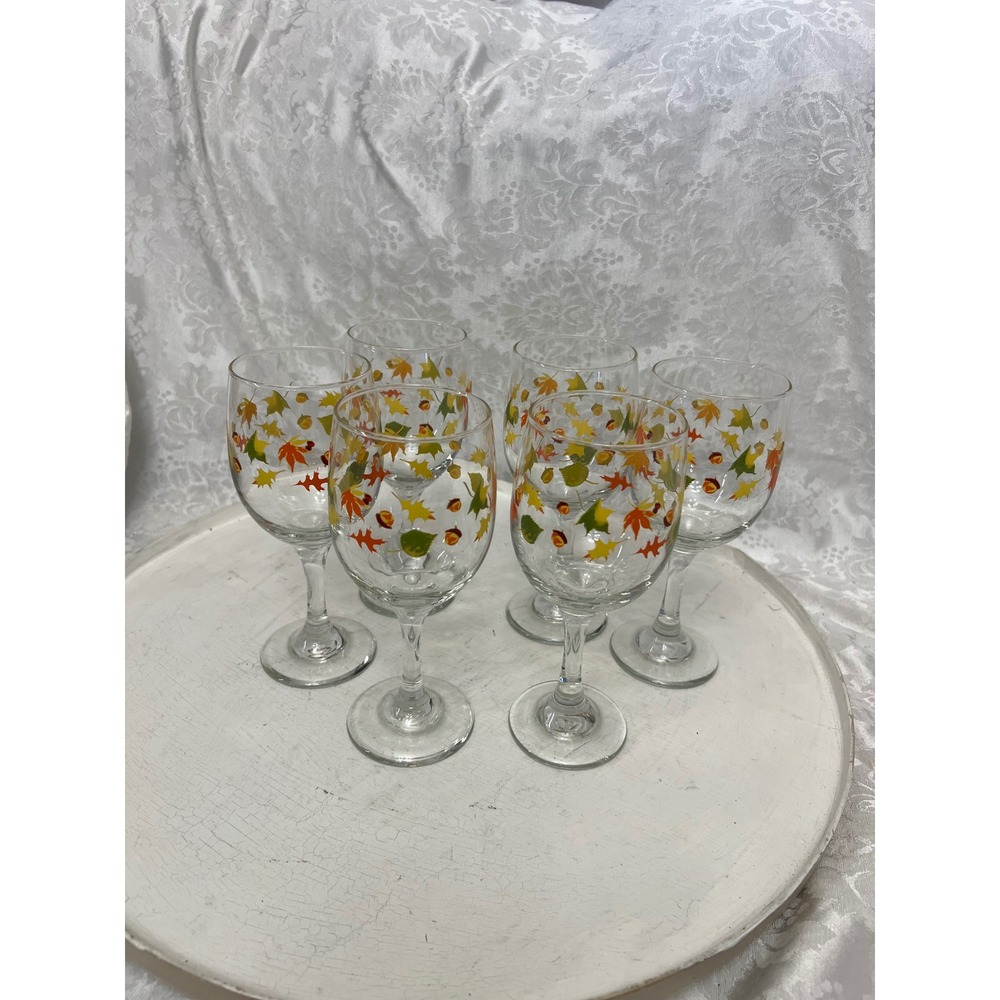 Set of 6 Fall Harvest Autumn Leaves and Acorns Stemmed Wine Glasses Thanksgiving